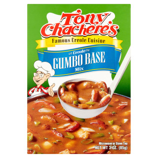 Tony Chachere's Gumbo Base 3oz, box of Creole gumbo seasoning mix with a colorful label and an image of a spoonful of prepared gumbo.