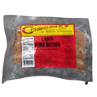 Comeaux's Pork Boudin 1lb, packaged pork and rice sausage in clear vacuum-sealed plastic bag with red and yellow label.