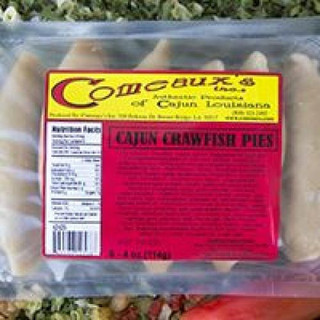 Comeaux's Crawfish Pies 6 Pack, packaged crawfish pies in a clear plastic bag with a bright yellow and pink label.