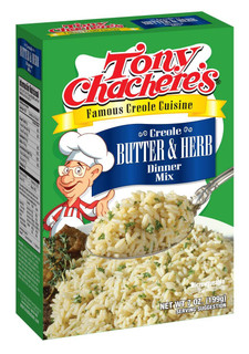 Tony Chachere's Butter & Herb Rice Mix 7oz, green packaging with a picture of seasoned rice on a spoon and a cartoon chef character.