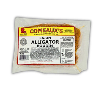 Comeaux's Alligator Boudin 1lb, packaged Cajun alligator sausage in clear vacuum-sealed plastic.