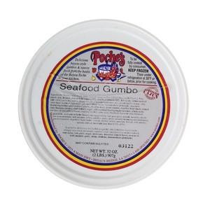 Poche's Seafood Gumbo 2lb, top view of the round container with a label showing product details.