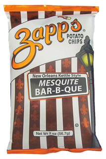 Zapp's Mesquite BBQ Chips 2oz, a bag of potato chips with Louisiana-style Mesquite Barbecue flavor, featuring bold orange, white, and black packaging with fleur-de-lis patterns and a street lamp illustration.