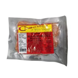 Comeaux's Alligator Boudin Party Links 1lb, packaged in clear plastic with a red label displaying the product name and details.