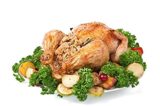 Poche's Stuffed Chicken with Spinach Madeline 3lb, cooked stuffed chicken served with fresh vegetables and herbs.