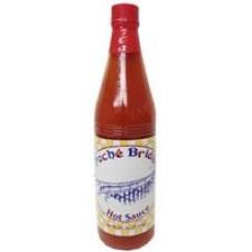 Poche's Poches Bridge Hot Sauce 6oz, a glass bottle with vibrant red hot sauce and a colorful label featuring the product name and bridge illustration.
