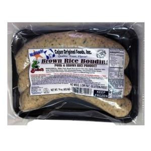 Cajun Original Brown Rice Boudin, packaged raw sausage product in clear plastic tray with label