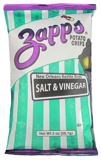 Zapp's Salt & Vinegar Chips 2oz, bag of potato chips with green and purple packaging, label indicating New Orleans Kettle Style flavor.