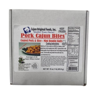 Pork Cajun Bites, 1lb (26 bites) packaged in a box showcasing Cajun Original Pork Cajun Bites label with product image and nutritional info