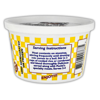Poche's Poches Dressing Mix 16oz, a white container with a yellow checkered pattern and serving instructions on the label.