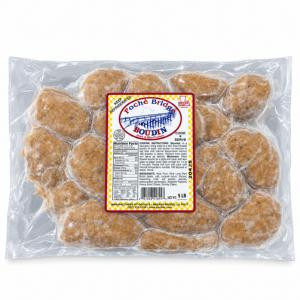 Poche's Pork Boudin Party Links 5lb, packaged raw pork boudin sausages in clear vacuum-sealed bag with label details.