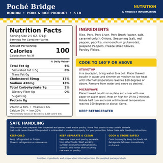 Poche's Pork Boudin Party Links 5lb, product packaging showing ingredients, nutrition facts, and cooking instructions.