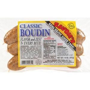 Savoies Classic Boudin, packaged Sausage with a yellow and blue label indicating classic flavor and 14oz weight.