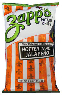 Zapp's Jalapeno Chips 5oz, bag of spicy jalapeno flavored potato chips with orange and white stripes and green branding.