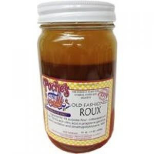 Poche's Roux 16oz, jar of traditional cooking roux with a white screw-on lid and a colorful label.