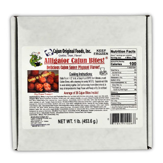 Cajun Original Alligator Bites 1lb, frozen ready-to-cook alligator bites with spicy Cajun sauce, cooking instructions, and nutritional facts on the label.