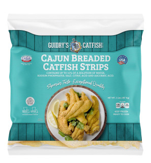 Guidry's Catfish Guidrys Breaded Catfish Strips 2lb, packaged frozen catfish strips for cooking, featuring an image of breaded fish fillets on a plate with lemon wedges and cilantro.