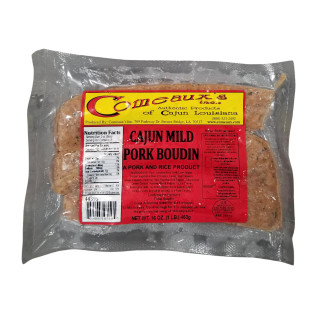 Comeaux's Pork Boudin Mild 1lb, packaged Cajun pork and rice sausage in vacuum-sealed plastic.