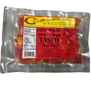 Comeaux's Pork Tasso, 1lb of Cajun smoked pork shoulder in vacuum-sealed packaging.
