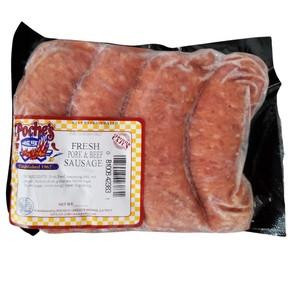 Poche's Poches Fresh Beef & Pork Sausage 1lb, raw sausage in clear plastic packaging with colorful label showing product details and barcode.