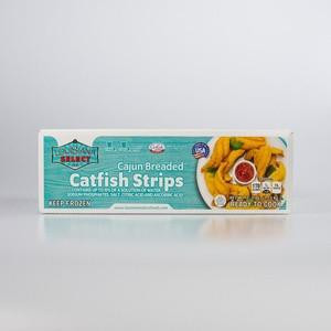 Louisiana Select Breaded Catfish Strips 2lb, packaged frozen breaded catfish strips on a white surface.