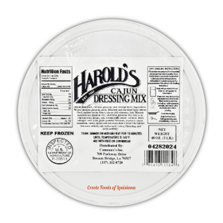 Comeaux's Harold's Rice Dressing Mix 3lb, round food container with black and white label showing product information and ingredients.