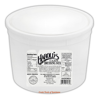Comeaux's Harold's Rice Dressing Mix 3lb, white plastic container of rice dressing mix with label details.