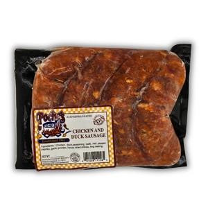 Poche's Poches Duck & Chicken Sausage 1lb, packaged raw sausages in a black tray with a label.