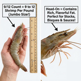 JV Foods Gulf Shrimp Head-on 9/12 Ct 5lb IQF, fresh frozen shrimp with head intact, shown with a hand and ruler for size and detailed description highlighting its fat content, ideal for stocks, bisques, and sauces.