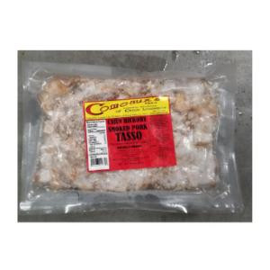 Comeaux's Pork Tasso 4lb, packaged smoked pork tasso in vacuum-sealed bag with red and yellow label