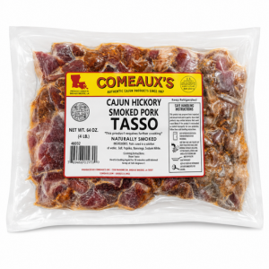 Comeaux's Pork Tasso 4lb, packaged smoked pork tasso in vacuum-sealed bag with red and yellow label
