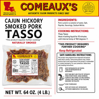 Comeaux's Pork Tasso, 4lb package of Cajun Hickory Smoked Pork Tasso, seasoned and naturally smoked, in clear vacuum-sealed plastic packaging with product label.