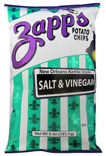 Zapp's Salt & Vinegar Chips 5oz, image of a colorful bag of potato chips with green and white stripes and fleur-de-lis pattern, featuring the Zapp's brand name in purple and a black label indicating salt and vinegar flavor.