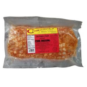 Comeaux's Stuffed Chicken with Pork Dressing 4lb, packaged in clear vacuum-sealed plastic showing the stuffed chicken and pork dressing inside.