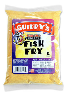 Guidry's Catfish Guidrys Fish Fry Batter 1lb, packaged in a clear plastic bag with colorful label featuring the product name and logo.
