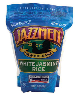 Jazzmen Rice, product image of Jazzmen White Jasmine Rice 28oz package with blue packaging and label indicating gluten-free and non-GMO.