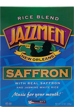 Jazzmen Rice Jazzmen Saffron Rice 12oz, colorful packaging with a silhouette of a person playing trumpet, featuring bold purple, green, and yellow colors.