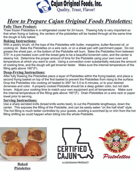 Cajun Original Foods, Inc. Baked Pistolette 4 Pack, featuring crispy, golden-brown alligator pistolettes with filling inside, served on a white plate with halves cut open to reveal the savory filling.