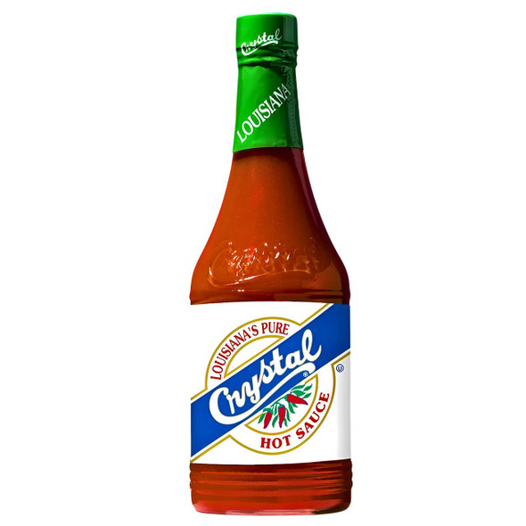 Crystal Hot Sauce 12oz, glass bottle with a green cap and a white, blue, and red label featuring chili peppers and the brand name.
