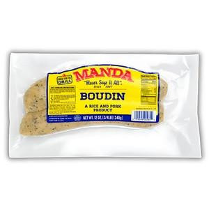 Manda Fine Meats Manda Pork Boudin 12oz, packaged in clear plastic with a yellow and blue label showing product details, ready for cooking or serving.