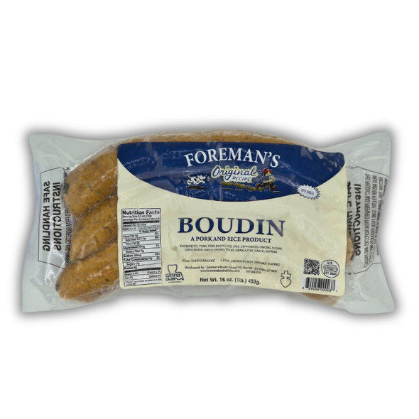 Foreman's Boudin 1lb, packaged pork and rice sausage with a clear plastic wrap showing the sausage inside and a label with product information and brand logo.