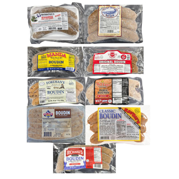 Creole Foods of Louisiana Ultimate Boudin Sampler Kit, assortment of various packaged Louisiana boudin sausage products.