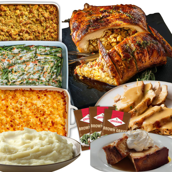 Creole Foods of Louisiana Large Traditional Turducken Feast, a variety of Louisiana-style dishes including a stuffed turkey, green bean casserole, cheesy casserole, mashed potatoes, bread pudding, and gravy packets.