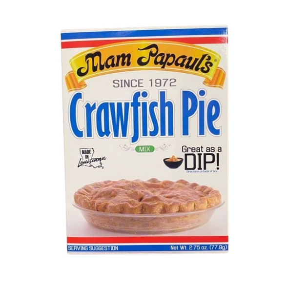 Mam Papaul's Crawfish Pie Mix 2.75oz, packaged mix for making crawfish pies with an image of a prepared crawfish pie in a glass dish.