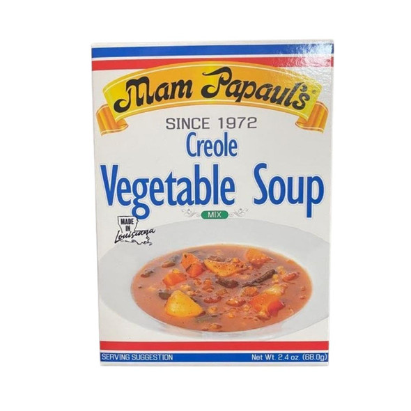 Mam Papaul's Creole Vegetable Soup Mix, box of 2.4 oz with image of prepared vegetable soup with vegetables on the label.
