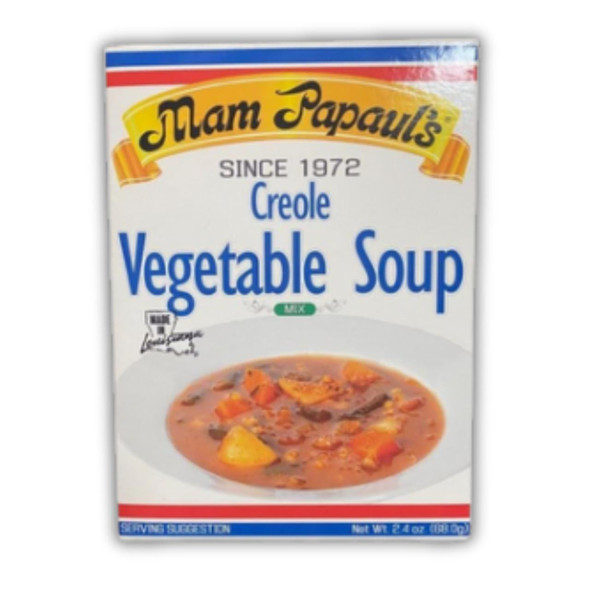 Mam Papaul's Creole Vegetable Soup Mix 2.4oz, product packaging featuring a bowl of vegetable soup with chunks of meat and vegetables on the front.