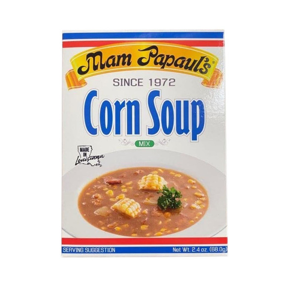 Mam Papaul's Corn Soup Mix 2.4oz, product package showing a bowl of corn soup with corn kernels and garnished with herbs.