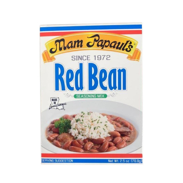 Mam Papaul's Red Bean Seasoning Mix 2.5oz, a box featuring an image of a bowl of cooked red beans served with rice and garnished with parsley.