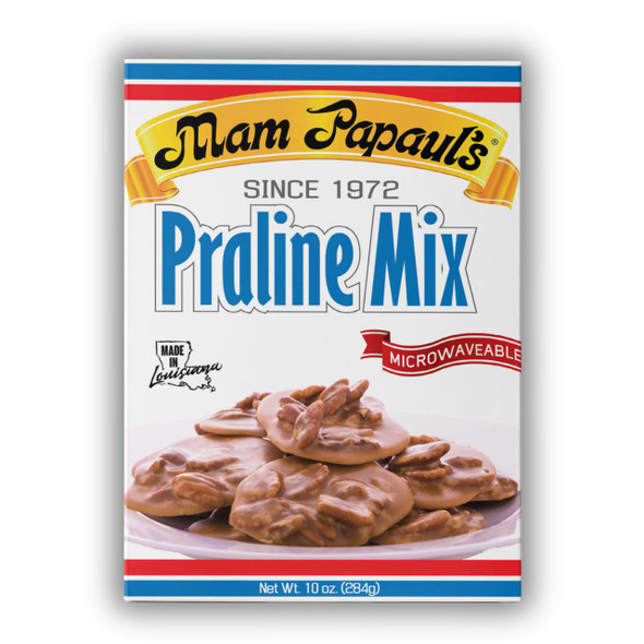 Mam Papaul's New Orleans Praline Mix 10oz, package featuring a plate of chocolate-covered pralines with pecans.