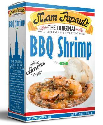 Mam Papaul's BBQ Shrimp Mix, package with image of cooked shrimp and mashed potatoes on the front.